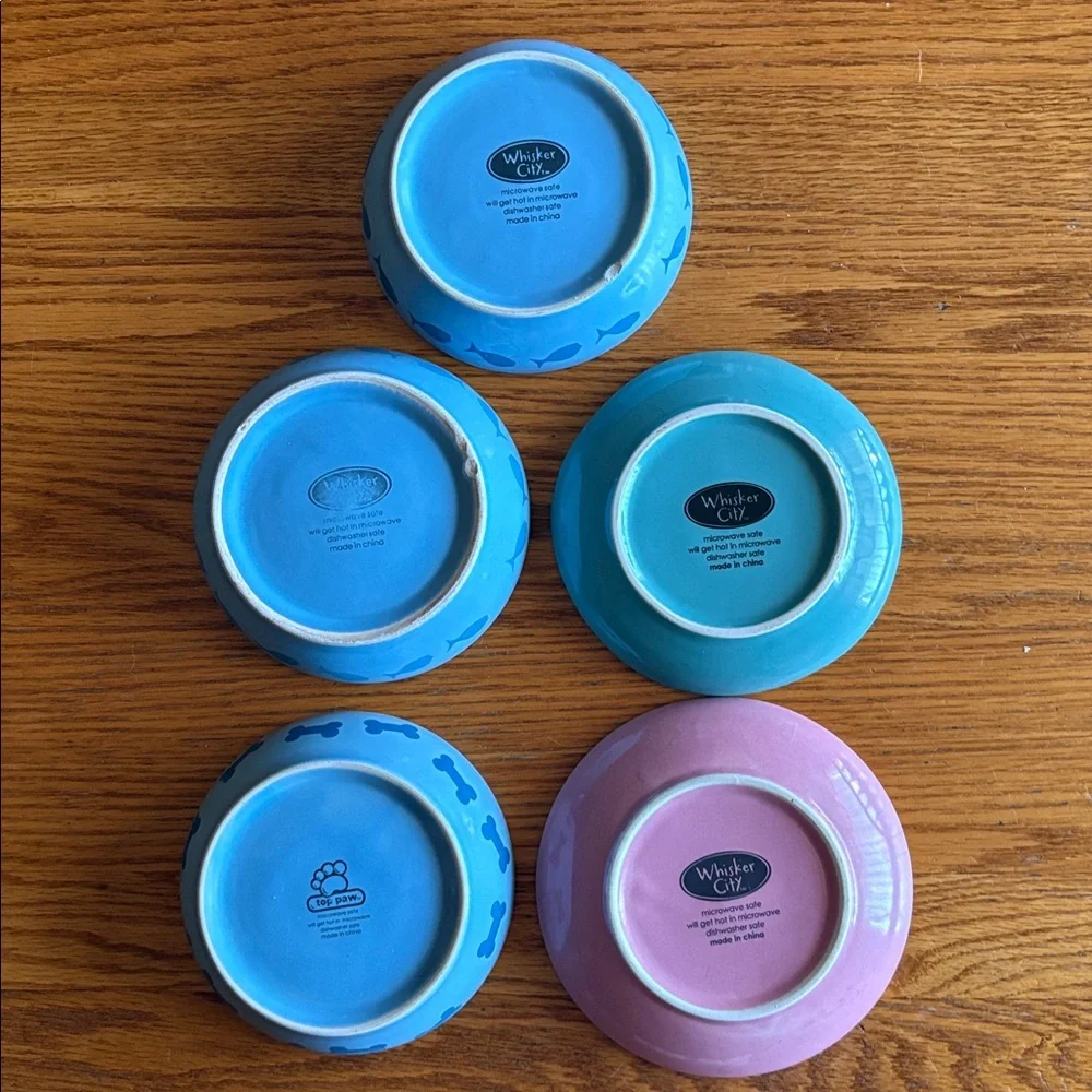 Set/5 Good used condition Blue Ceramic Pet Bowls Set with 'MEOW' and 'WOOF'